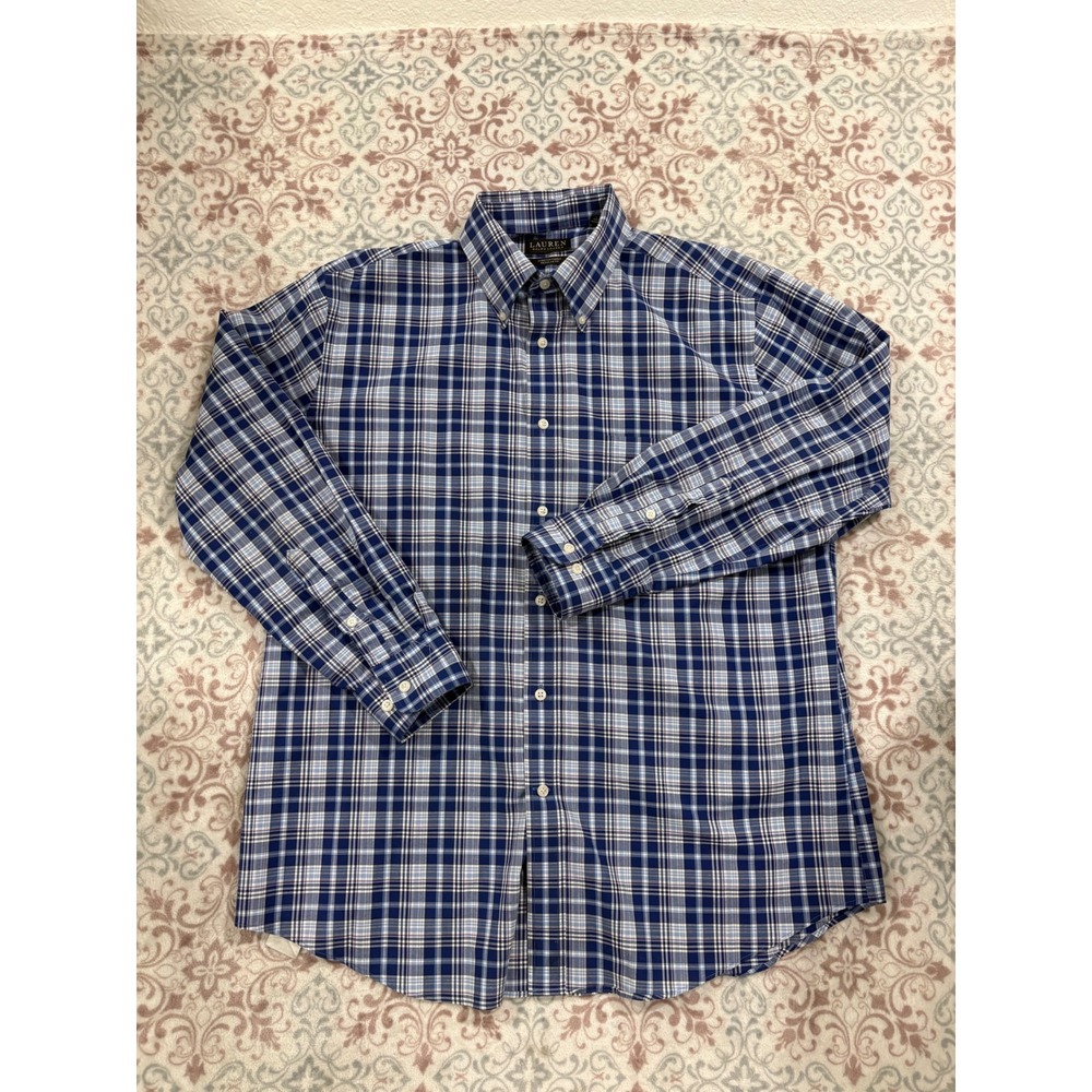 Lauren Ralph Lauren Mens Blue Plaid Stretch Regular Fit Button Down Shirt L 16.5